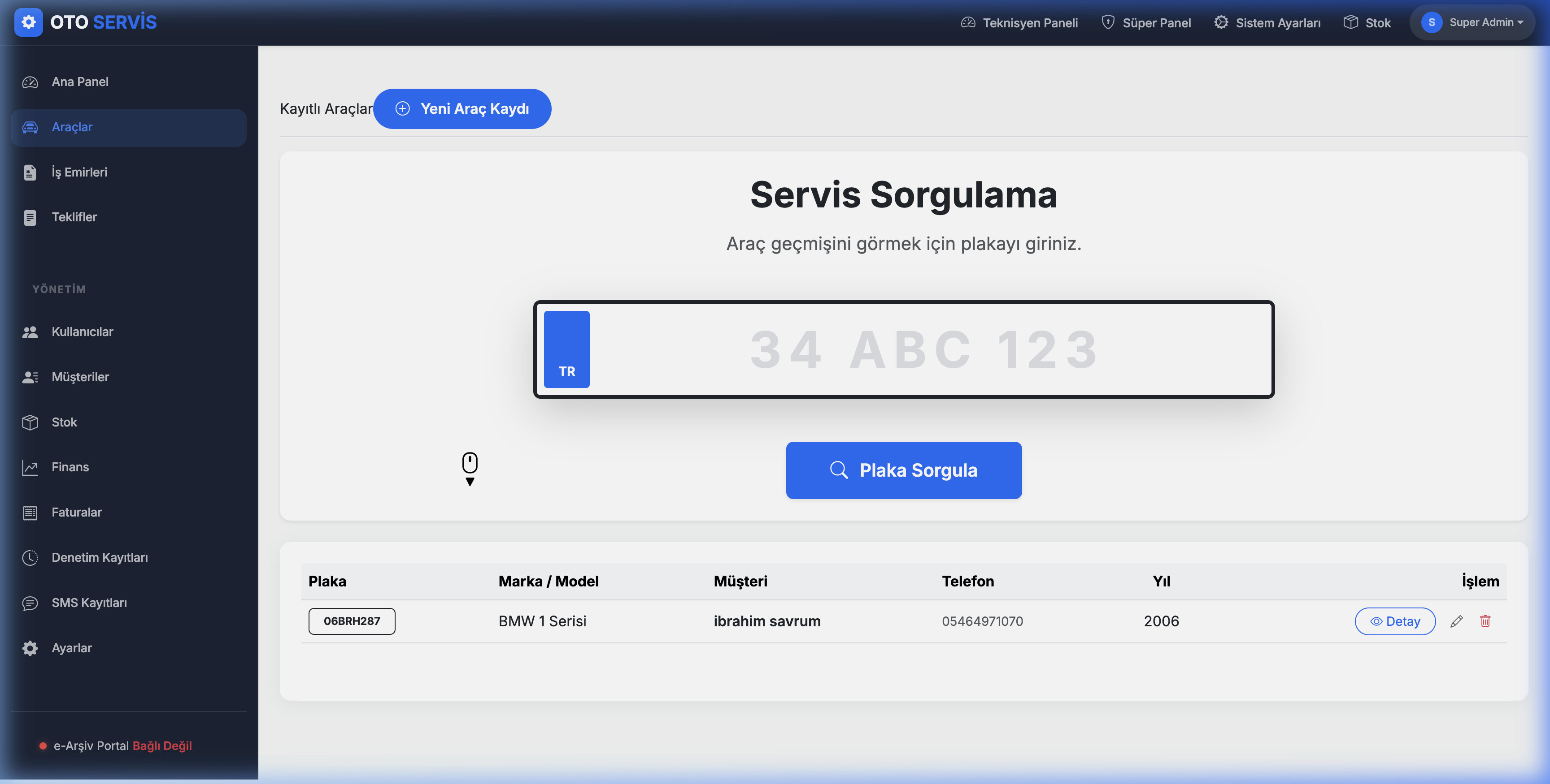 OtoServiso araç ve müşteri yönetimi ekranı