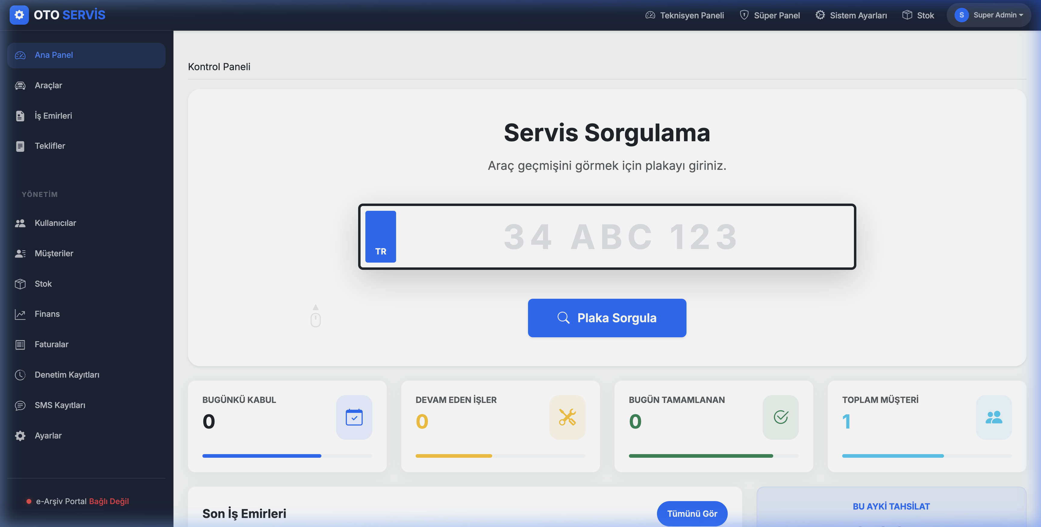 OtoServiso dashboard — oto servis yönetim programı ana ekranı
