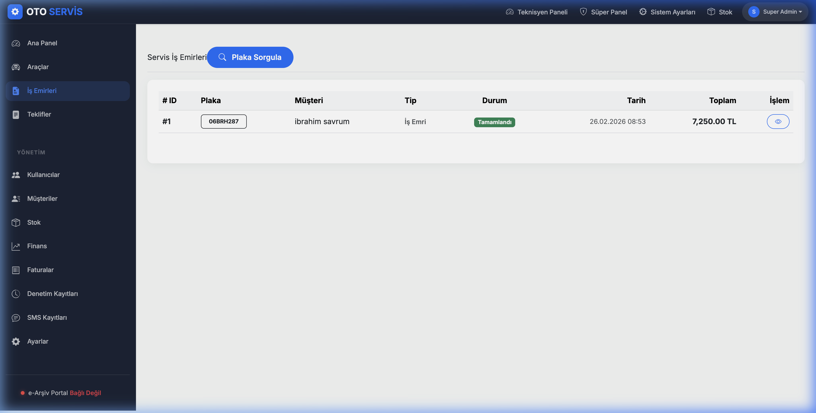 OtoServiso iş emirleri yönetim ekranı